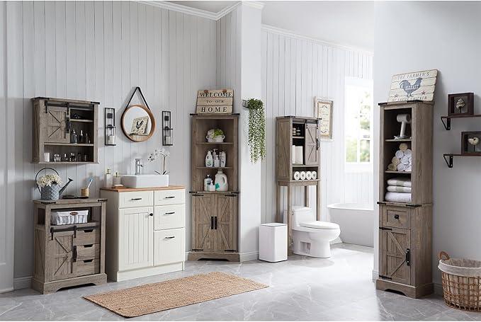 OKD Bathroom Storage Cabinet, Farmhouse Storage Cabinet with Adjustable Shelves & Drawer, Tall Linen Tower for Bathroom, Living Room, Light Rustic Oak - ModernBath