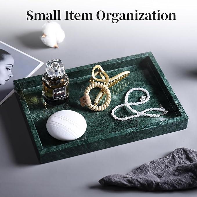 Real Natural Marble Tray for Bathroom, Genuine Marble Stone Vanity Tray, Luxury Storage Trays for Kitchen, Vanity, Home Decor, Dresser, Non-Resin/Non-Ceramic, 12"x 8"x 1.2", Dark Green - ModernBath
