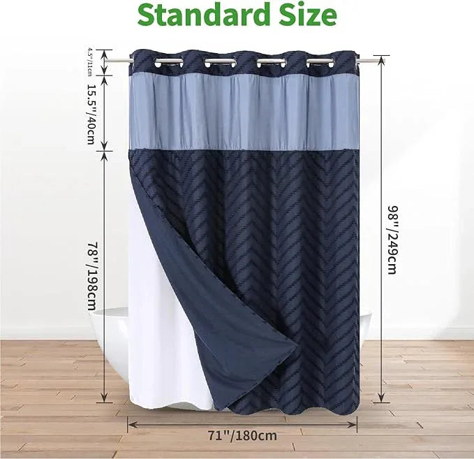 eachope Extra Long No Hook Tufted Chevron Striped Shower Curtain with Snap-in Fabric Liner set-71Wx86H(84H),Navy Blue Hotel Grade Boho Style Shower Curtain,Water Repellent - ModernBath