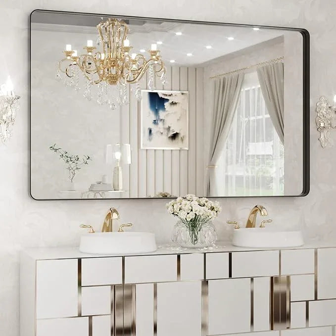 WEER Black Metal Framed Mirror, 60X36 Inch Rectangular Matte Black Wall Mirror for Bathroom, Rounded Corner Black Bathroom Vanity Mirror, Tempered Glass, Anti-Rust, Hangs Horizontal or Vertical - ModernBath