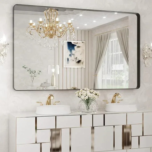 WEER Black Metal Framed Mirror, 60X36 Inch Rectangular Matte Black Wall Mirror for Bathroom, Rounded Corner Black Bathroom Vanity Mirror, Tempered Glass, Anti-Rust, Hangs Horizontal or Vertical - ModernBath