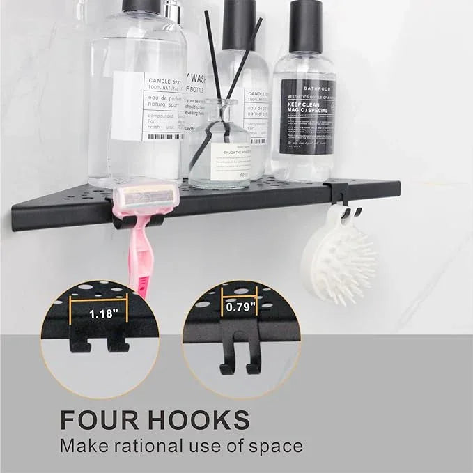 Corner Shower Shelf with 4 Hooks,10 Inch 304 Stainless Steel Recessed Bathroom Shelves,No-Drilling Installation for Tiled Wall,Matte Black, 2-Pack - ModernBath