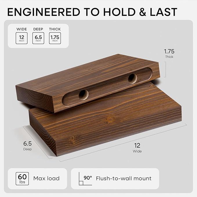 Homeforia Classic Walnut 12 inch Floating Shelf, High End Solid Real Wood Small 12inch Floating Shelves for Wall Mounted, 12in Floating Shelves, Heavy Duty Bracket, 12 X 6.5 X 1.75 inches, Set of 3 - ModernBath