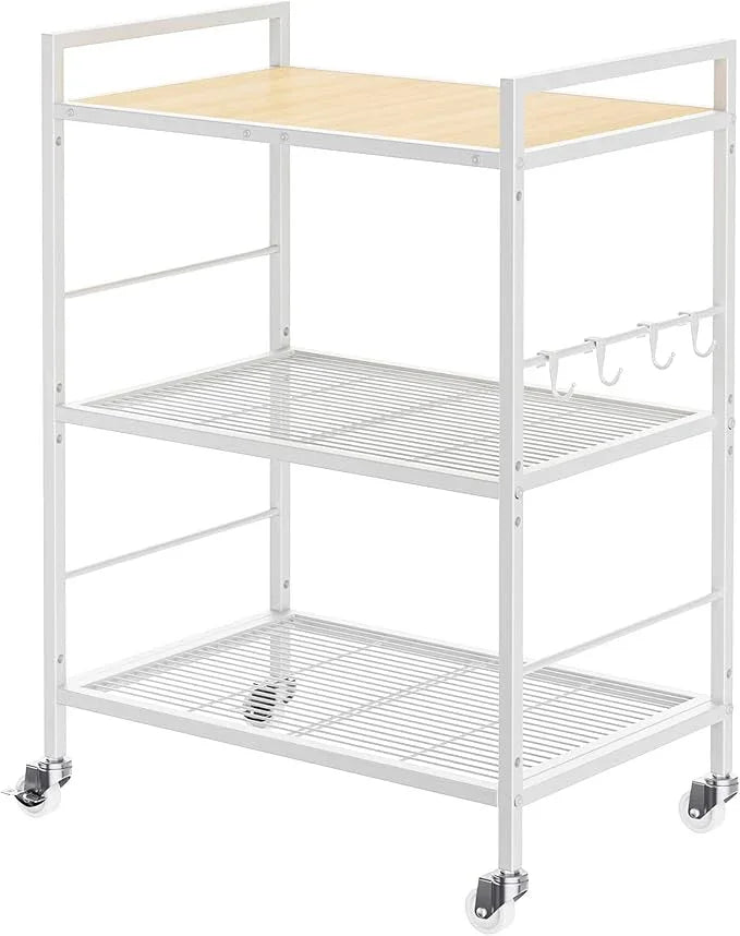 3-Tier Metal Storage Rack with Industrial Wheels,Mesh Shelving Unit with Wooden Table top,Adjustable Shelf,23.6-Inch Width,15.8-Inch Depth, for Kitchen, Laundry,Pantry,Plant,white - ModernBath