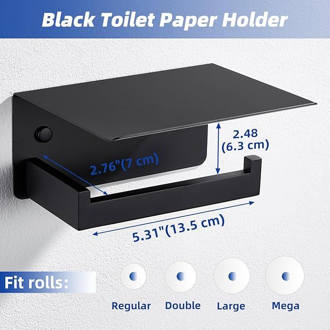 APLusee Toilet Paper Holder with Shelf Matte Black, 304 Stainless Steel Tissue Holder, Wall Mounted - ModernBath