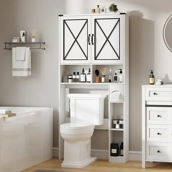Vabches Over The Toilet Storage Cabinet, Farmhouse Bathroom Cabinet Over Toilet with Paper Holder, Rustic Bathroom Storage Organizer with Doors, White - ModernBath