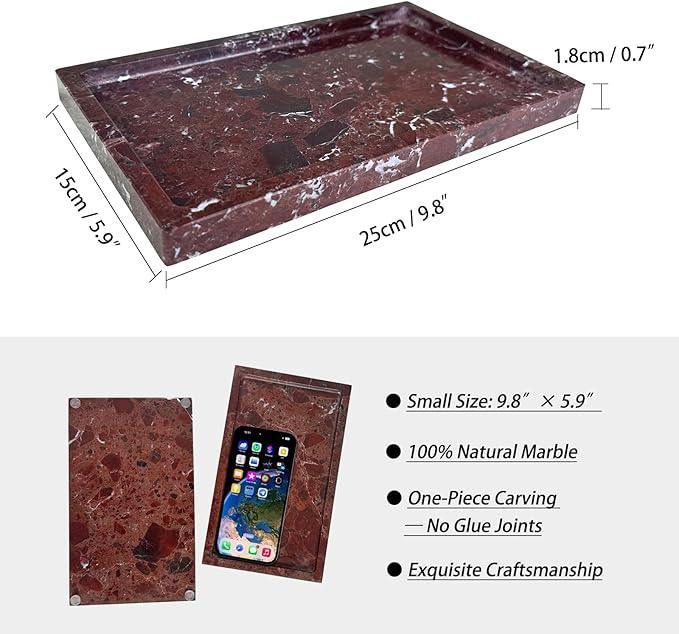 OAIQNUJ Natural Red Marble Vanity Tray, 9.8"x5.9" Genuine Marble Tray for Bathroom/Kitchen/Dresser (Rosso Levanto) - ModernBath