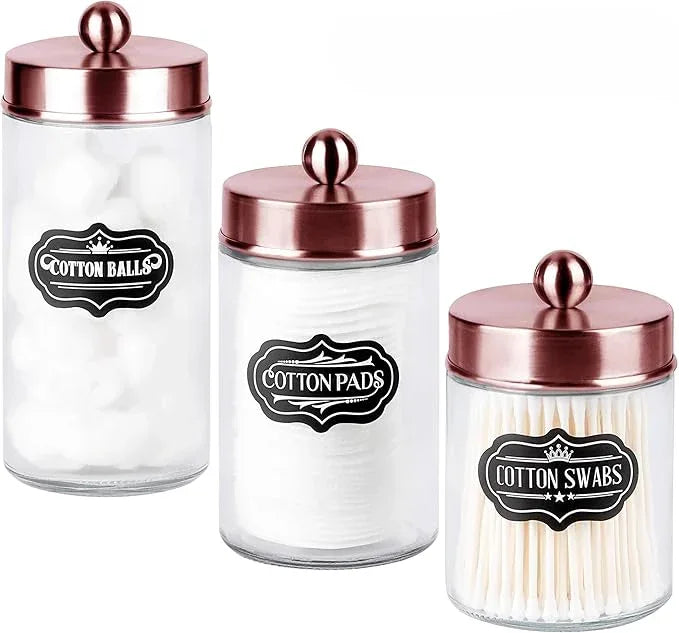 Apothecary Jars 3 Pack - Glass Bathroom Containers with Stainless Steel Lids - Rustic Farmhouse Decor Bathroom Accessories, Vanity Organizer Apothecary Jars for Qtip/Cotton Balls (Rose Gold) - ModernBath