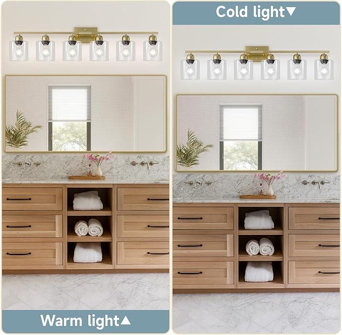 FAISHILAN Modern Brushed Gold 6 Light Bathroom Light Fixtures,38 inch Vanity Lights for Bathroom with Clear Glass, Vanity Light for Mirror Kitchen Living Room Hallway Cabinet Porch - ModernBath