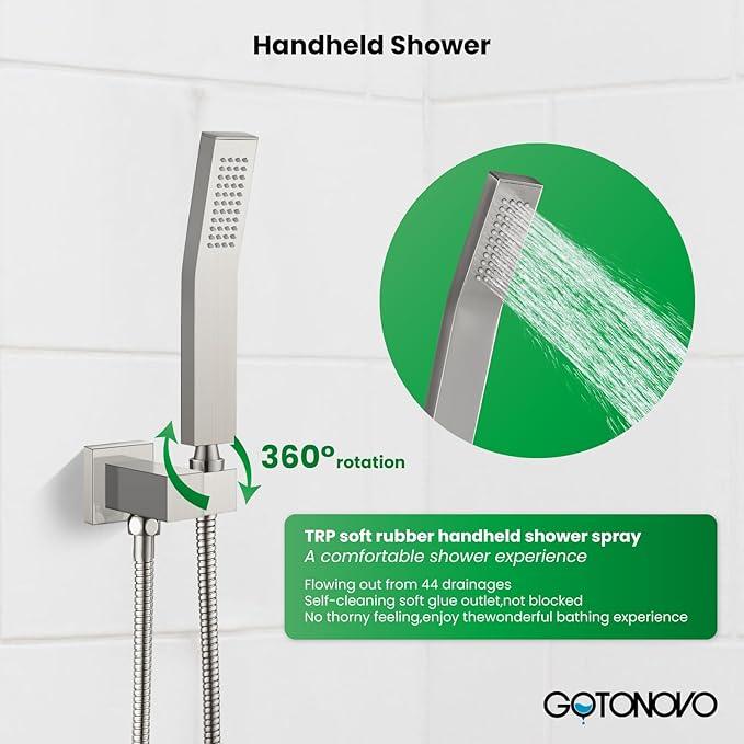 gotonovo Rainfall Bathroom Shower System Rain Shower Head and Handle Set Wall Mounted Shower Complete Combo Solid Brass Pressure Balancing Shower Mixer Valve 10 Inch Brushed Nickel - ModernBath