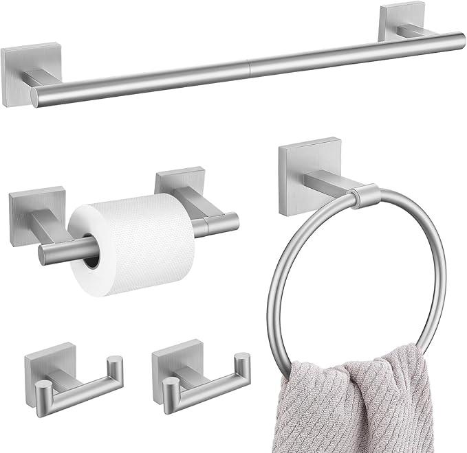 Brushed Nickel Bathroom Hardware Set, 5-Piece Bath Towel Bar Set with 23.6” Towel Bar, Towel Ring, Toilet Paper Holder, Two Hooks, SUS304 Towel Racks for Bathroom Wall Mounted - ModernBath