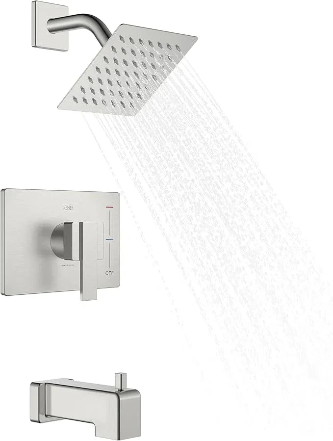 KENES Tub Shower Faucet Set Complete, Brushed Nickel Tub and Shower Trim Kit with 6-Inch Rain Shower Head, Square Shower System, KE-6025A (Shower Valve Included) - ModernBath