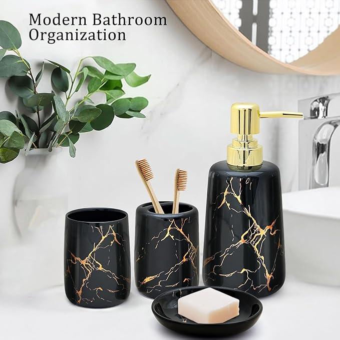 CERBIOR Bathroom Accessories Set,4 Pcs Ceramic Bathroom Decor Accessory,Includes Toothbrush Holder, Toothbrush Cup, Soap Dish for Decorative Countertop and Housewarming Gift(Black 4pcs) - ModernBath