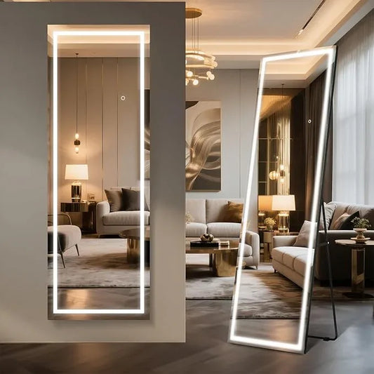 Kosmonia 67x24 Frameless Full Length Mirror, Dimmable 3 Color LED Light w/Memory Function, Distortion Free, HD Reflection & Anti Desilvering, Tempered Glass & Shatter Proof Film Doubling Safety - ModernBath