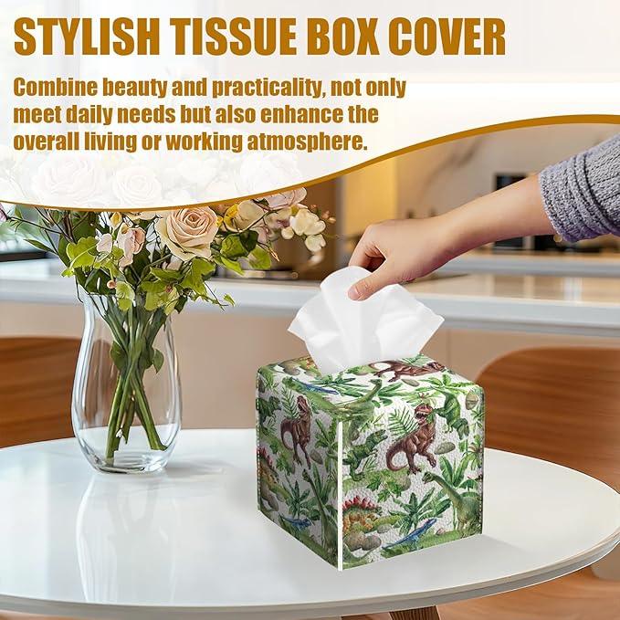 Dinosaur Tissue Box Cover 2PCS, Leather Tissue Box Holder Square Facial Paper Case Tissue Box Cube Organizer for Bathroom Bedroom Desk Office - ModernBath