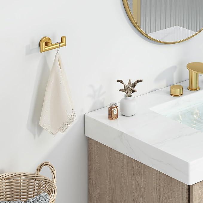 Angle Simple Bathroom Double Hook Brassy Gold, SUS304 Stainless Steel Bath Towel Holder, Double Robe Hanger Wall Mount - ModernBath