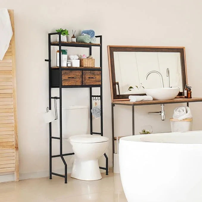 YBING Over The Toilet Bathroom Storage Cabinet for Freestanding, Above Toilet Shelf with Fabric Drawer, Tall Bathroom Shelf Organizer with Toilet Paper Holder, Brown - ModernBath