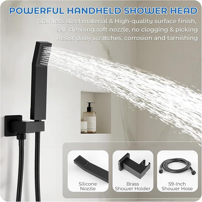 RNDIOZD Black Shower Faucet Set, 10 inch Rain Shower System with Pressure Balance Valve, Wall Mounted 2-Functions Bathroom Shower Systems with Rain Shower and Handheld Spray Shower Trim Included - ModernBath