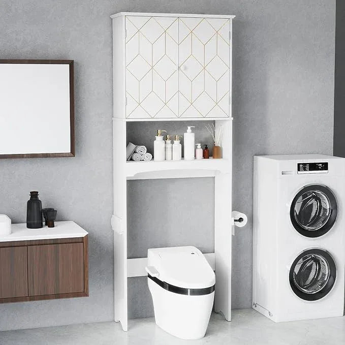 HLR Over The Toilet Storage Cabinet with Gold Trim, Over Toilet Bathroom Organizer with Adjustable Shelves and Toilet Paper Holder, Above Toilet Storage Cabinet Spacesaver for Bathroom(White) - ModernBath