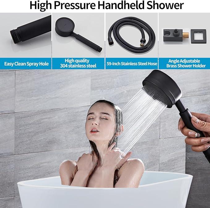 RTTWYYUU Matte Black Shower Tub Faucet Set, Wall Mounted 8 Inch Shower Heads with Handheld Spray Combo and Tub Shower Faucet, Luxury Bathroom Square Rain Shower System - 4 Hooks - ModernBath