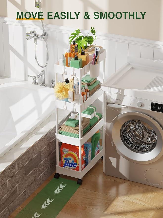 LEHOM Slim Rolling Storage Cart - 4 Tiers Bathroom Organizer Utility Cart Slide Out Storage Shelves Mobile Shelving Unit for Kitchen, Bedroom, Office, Laundry Room, Small Narrow Spaces (7.1" W+White) - ModernBath