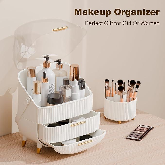 lurcns Makeup Organizers and Storage Make up Organizer for Vanity Cosmetics Skincare With Lid and Drawers Display Cases for Countertop Bathroom Women Teenager Girl Gifts(White+Brush Holder) - ModernBath