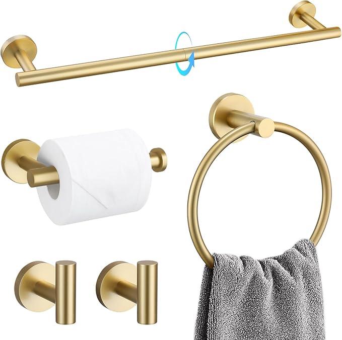 TQKAG 5 Piece Bathroom Accessories Set Brushed Gold Bathroom Hardware Set 23.6 Inch Bath Towel Bar Set SUS304 Stainless Steel Towel Rack Set - ModernBath