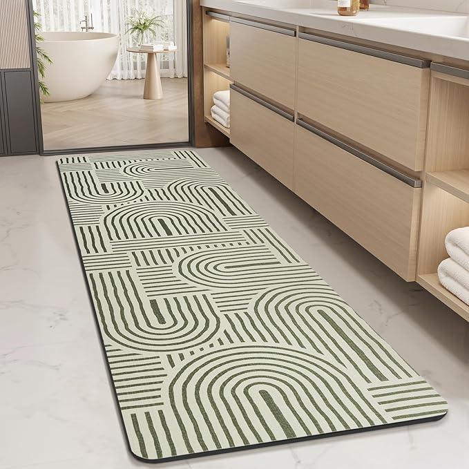 MontVoo -Bath Mat-Non Slip Thin Bathroom Rugs Fit Under Door- Quick Dry Absorbent Faux Suede Surface Grey Bathroom Floor Mats-Shower Rug for in Front of Bathtub Shower Ivory & Green Arched 17x59 - ModernBath