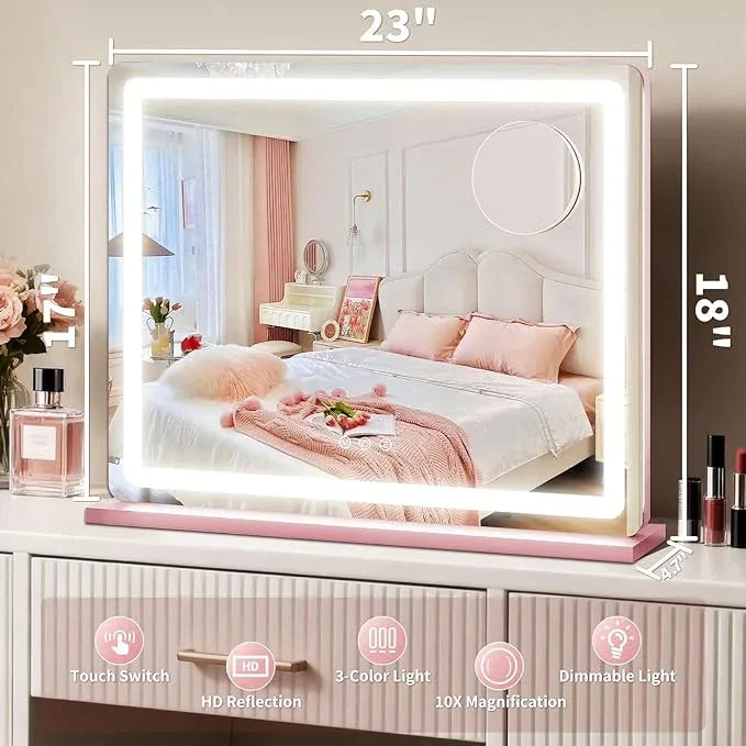 ROLOVE Pink Makeup Mirror with Lights, 23x18 Inch - 3 Color Modes, Dimmable LED Light up Mirror with 10X Magnification - Pink Vanity Mirror Wall&Tabletop Mount for Teen Girls - ModernBath