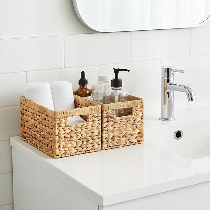 Water Hyacinth Storage Baskets Set of 2 - Medium Decorative Wicker Baskets for Organizing Shelves, Rectangular Woven Storage Bins with Handles for Pantry, Bathroom, Living Room 13"x9"x7" - ModernBath