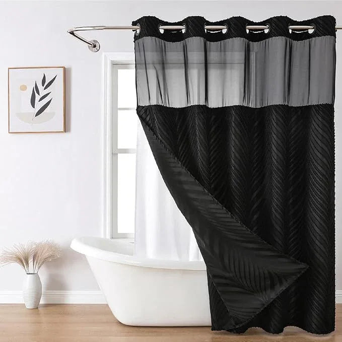 eachope no Hook Shower Curtain and Liner Set，Boho Style with See Through Top Window, Black Fabric Tufted Striped Textured Outer Curtain & Waterproof Inner Liner, DarkBlack, 71Wx98H - ModernBath