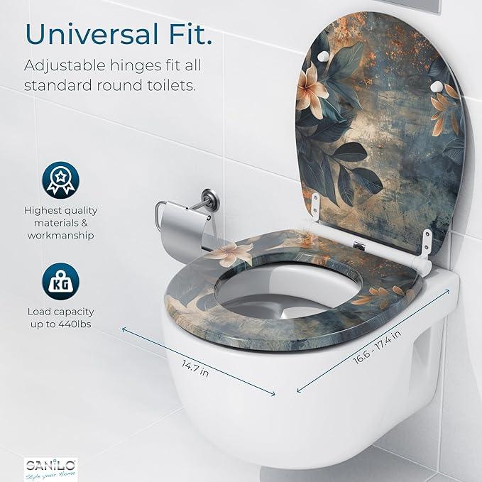 Sanilo Wooden Toilet Seat with Quick Release & Soft Close [ROUND] - Decorative & Slow Close Molded Wood Seat - With One Click for Easy Installation & Cleaning - With Adjustable Fit (Lilybud) - ModernBath