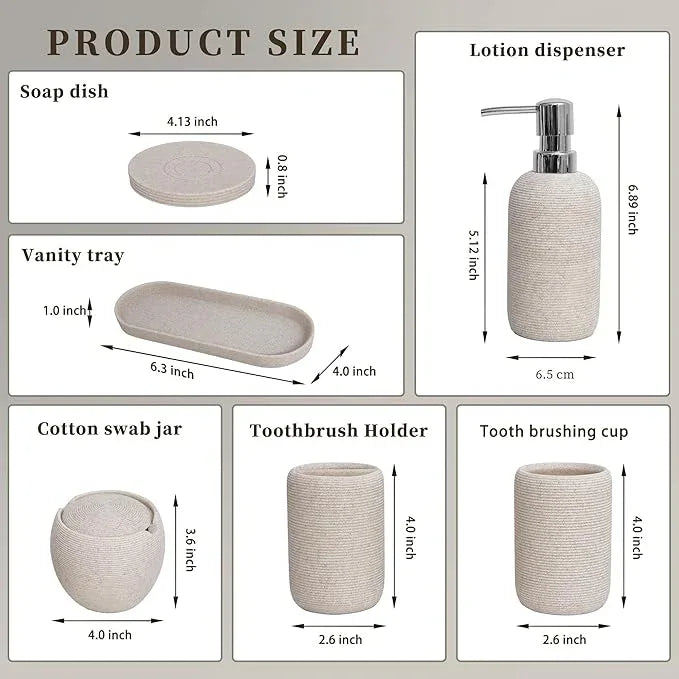 Bathroom Accessory Set, 6PCS Beige Bathroom Accessories - Soap Dish, Lotion Dispenser, Toothbrush Holder, Mouthwash Cup, Tray, Cotton Ball Jar, Aesthetic Decor Bathroom Sets - ModernBath