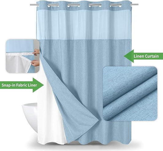 eachope No Hooks Needed Linen Textured Shower Curtain with Snap-in Fabric Liner Set,Hotel Luxury Decor Waterproof Shower Curtains for Bathroom with Mesh Top Window,Washable,71Wx74H,Fog Blue - ModernBath