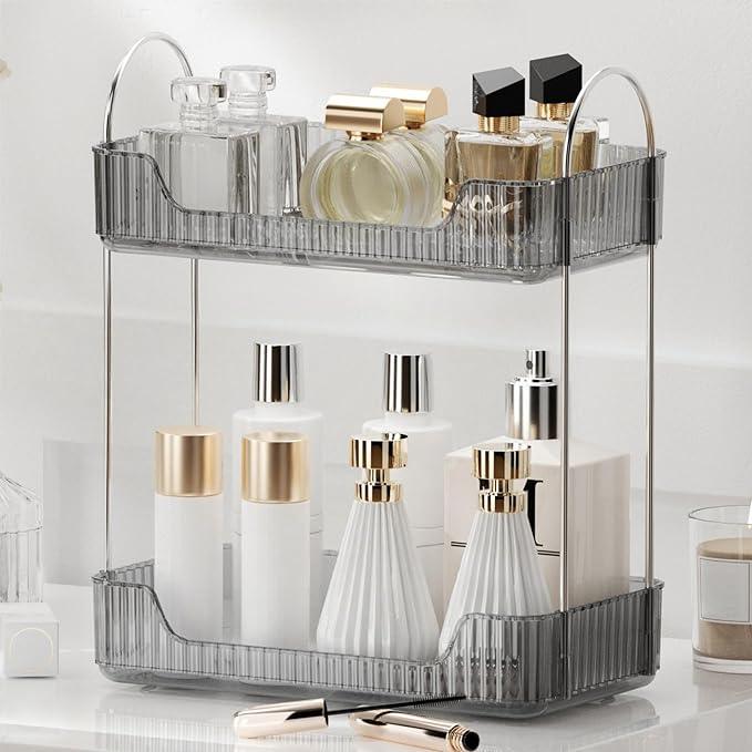 YCIA&DONE Bathroom Organizer Countertop, Makeup Storage, Skincare Cosmetic Tray Shelf, Perfume Holder Rack for Vanity Counter, Large Capacity, Easy to Install, Clean, 2 Tiers, Smoky Gray - ModernBath
