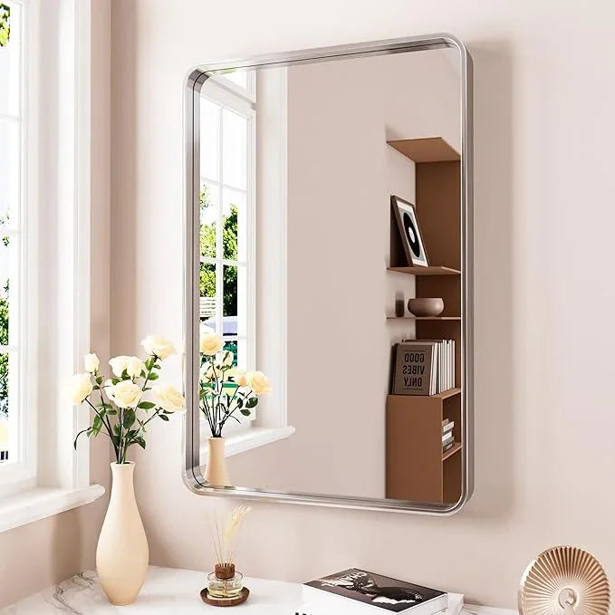 JISOSO Brushed Nickel Bathroom Mirror 28x36 Inch, Brushed Silver Metal Frame Mirror Wall Mounted, Rounded Rectangle Bathroom Vanity Mirror, Tempered Glass, Anti-Rust, Horizontal/Vertical - ModernBath