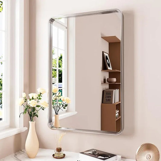JISOSO Brushed Nickel Bathroom Mirror 28x36 Inch, Brushed Silver Metal Frame Mirror Wall Mounted, Rounded Rectangle Bathroom Vanity Mirror, Tempered Glass, Anti-Rust, Horizontal/Vertical - ModernBath
