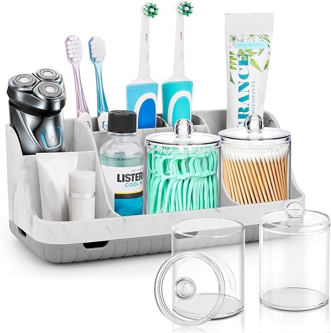 GFWARE Bathroom Toothbrush Holder Set with 2 Pack Qtip Holder Dispenser - Detachable 7 Slots Bathroom Accessory Set, Kids Marble Bathroom Sink Counter Set, Bathroom Essentials Decor, Grey - ModernBath