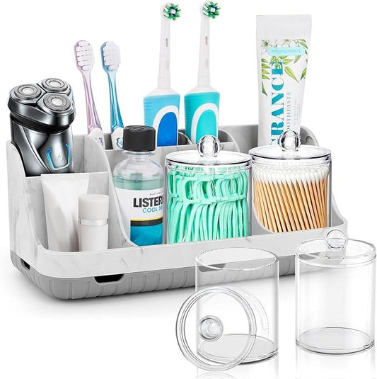 GFWARE Bathroom Toothbrush Holder Set with 2 Pack Qtip Holder Dispenser - Detachable 7 Slots Bathroom Accessory Set, Kids Marble Bathroom Sink Counter Set, Bathroom Essentials Decor, Grey - ModernBath
