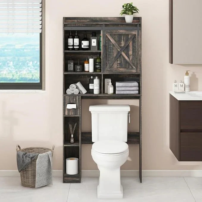 Over The Toilet Storage Cabinet, Farmhouse Storage Cabinet Over Toilet with Sliding Doors & Toilet Paper Holder Stand，Home Space-Saving Toilet Rack, for Bathroom, Laundry(Dark Grey) - ModernBath