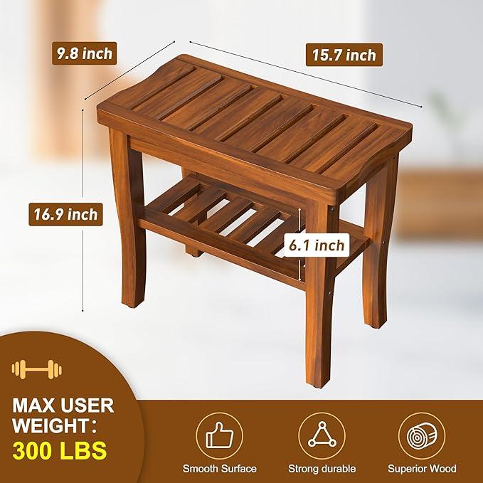 Teak Wood Shower Bench Stool with Storage Shelf, Wooden Waterproof Bathroom Spa Bathing Teak Shower Stool with Non-Slip Feet Gadget 2024 for Indoor or Outdoor Shower Chair Seat Organizer - ModernBath