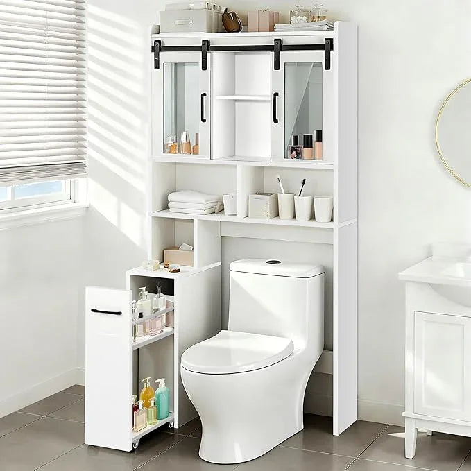 Extendable Rolling Drawer-Style Toilet Storage Cabinet. Conveniently Mobile. Sliding Storage Doors. Adjustable Shelving. Compact Bathroom Storage. Toilet Paper Holder. Bathroom, Toilet, Laundry Room - ModernBath