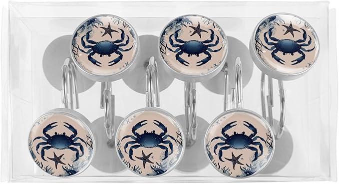 Retro Ocean Crab Shower Curtain Hooks, 12Pcs Decorative Rust Resistant Shower Rings for Shower Curtain Rods, Stainless Steel Round Curtain Hooks for Bathroom, Bedroom - ModernBath