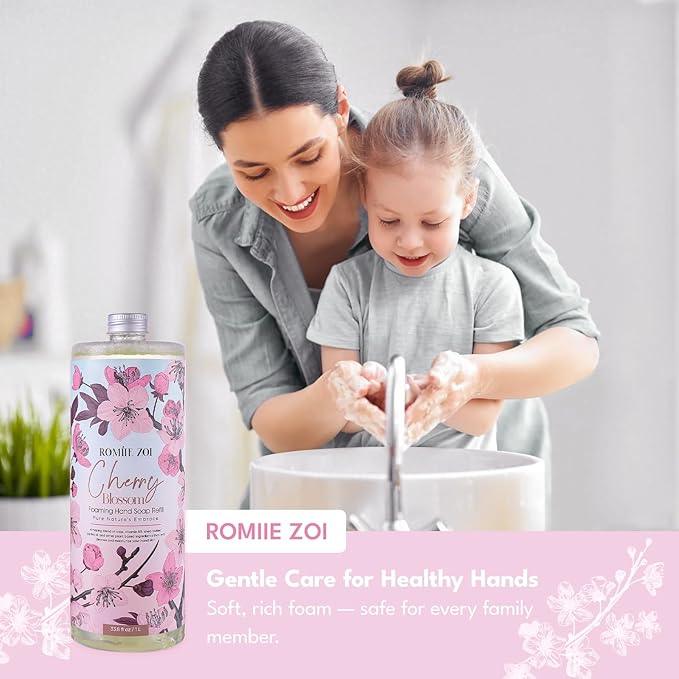 ROMIIE ZOI Cherry Blossom Foaming Hand Soap Refill Gift Set – 3 Pack*33.8 Fl Oz with Refillable Dispenser, Refreshing Floral Scent, Moisturizing & Chemical-Free for Bathroom, Kitchen, Sensitive Skin - ModernBath