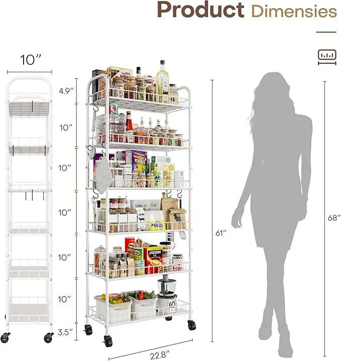 6 Tier Slim Rolling Storage Cart with Wheels, Metal Mobile Shelving Unit Organizer Utility Cart for Office Bathroom Kitchen Laundry Room Narrow Places (White 10 Inches) - ModernBath