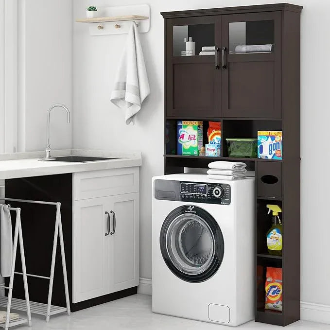 Over The Toilet Storage Cabinet, Storage Cabinet Over Toilet with Double Doors & Toilet Paper Holder Stand, Freestanding Toilet Shelf Space Saver with Anti-Tip Design & Adjustable Shelf, Espresso - ModernBath