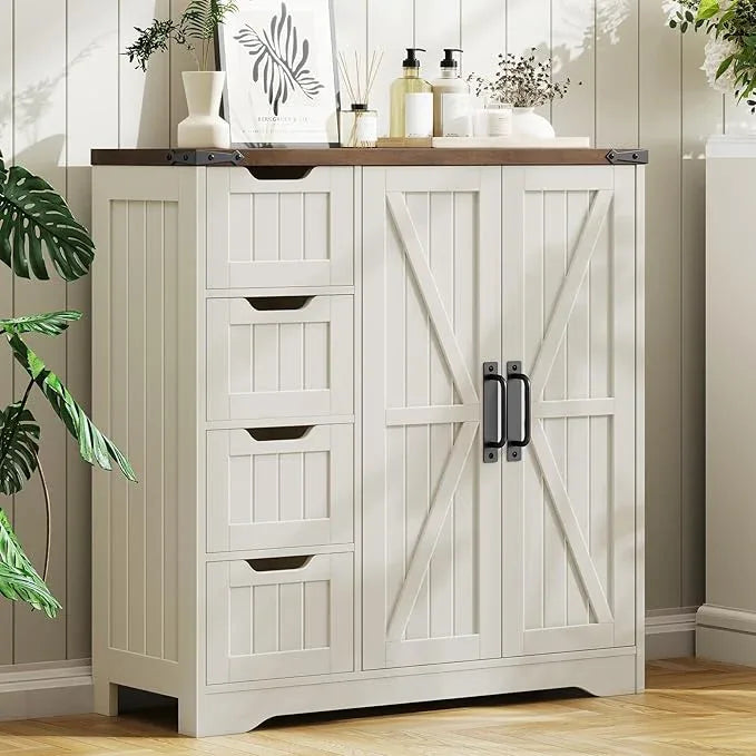 Vabches Farmhouse Bathroom Cabinet, Freestanding Storage Cabinet with 4 Drawers and 2 Doors, Rustic Storage Organizer with Adjustable Shelf for Bathroom, Living Room, Entryway, White - ModernBath