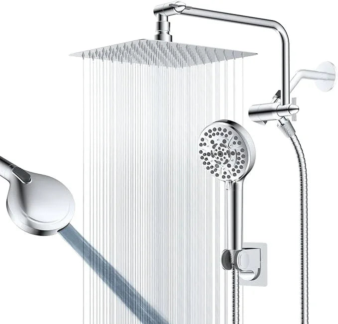 All Metal Shower Head, 10" High Pressure Rainfall/Handheld Shower Combo with 11" Extension Arm, 10-Spray Handheld Showerhead, 71" Long Hose, 3-Way Diverter Valve, Chrome - ModernBath