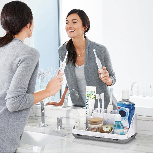 GFWARE Marble Bathroom Countertop Organizer - Detachable 7 Slots Kids Electric Toothbrush and Toothpaste Holde Drainage for Bathroom Accessories Organization Counter Vanity Storage, Grey - ModernBath