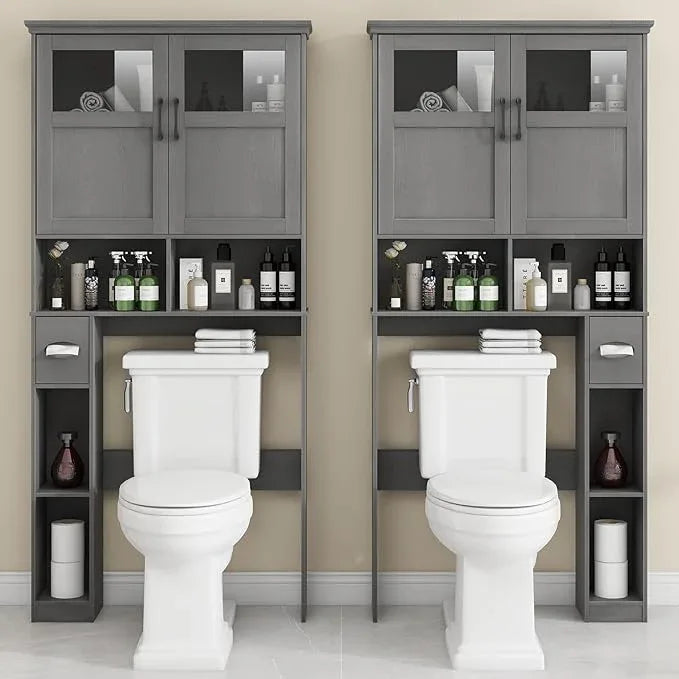 Over The Toilet Storage Cabinet With Double Doors & Paper Holder Stand, Freestanding Shelf Space Saver, Anti-Tip Design & Adjustable Shelf, Natural Grey - ModernBath